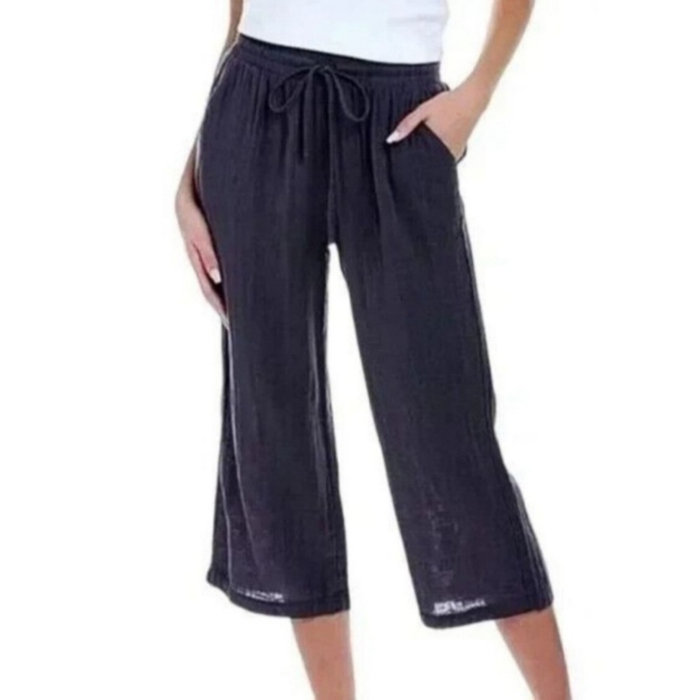 Johnny Was Calme Cropped Drawstring Pullon Wide Leg Cotton Pants Black size XS
